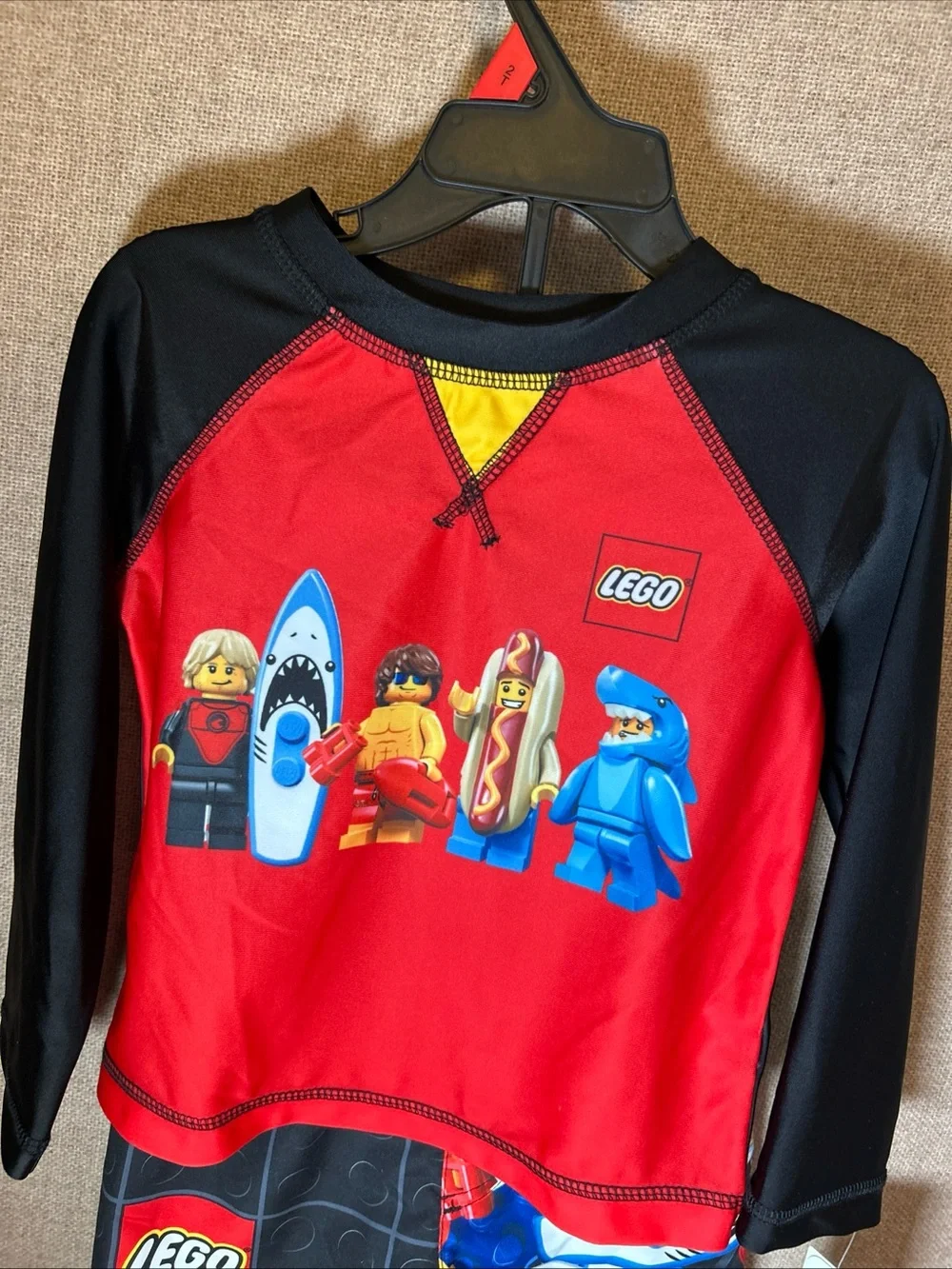 Lego Red and Black Kids' Long Sleeve Swim Rashguard with Minifigure Graphics